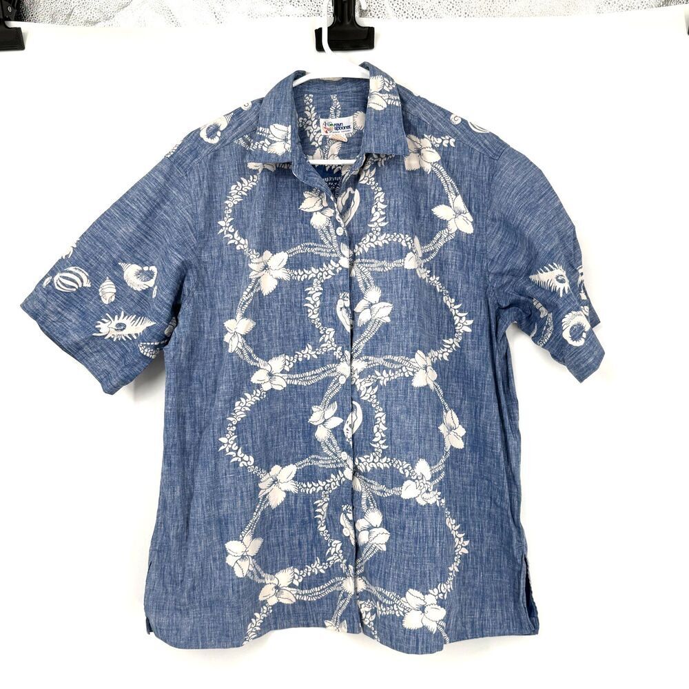 REYN SPOONER Vintage Hawaiian Floral Reverse Print Pop Over Shirt Blue Size M